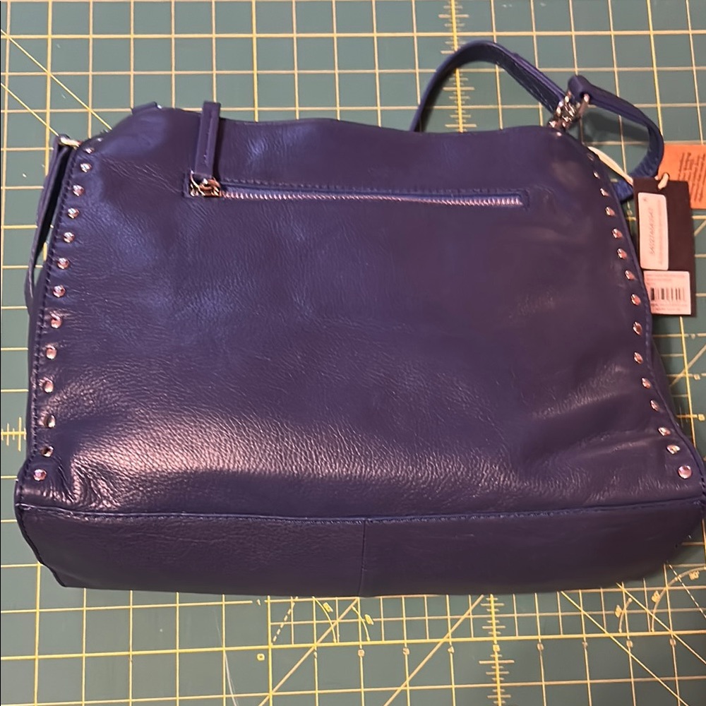 New American leather Co triple entry Blue Leather silver Studded Shoulder Bag